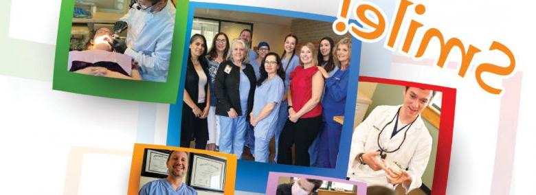 La palabra ¡Sonríe! 有几张卫生区家庭牙科诊所工作人员在彩色矩形上行动的照片