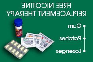 Nicotonie replacement products. Text says "Free Nicotine Replacement Therapy: Gum, Patches, Lozenges